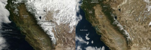 Sneeuw in California op 18 januari 2013 (links) en 2014 (rechts)