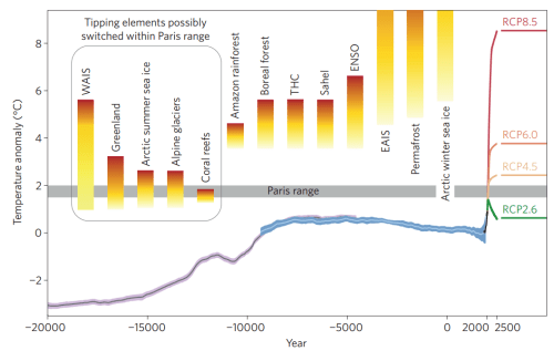 Overzicht van de risico’s van klimaatverandering. (Bron: Schellnhuber et al., 2016)