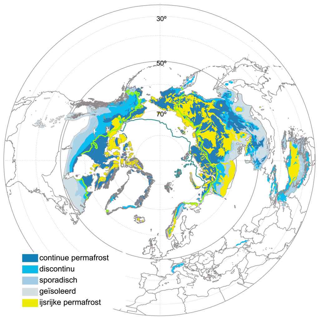 Kaart van het voorkomen van permafrost op het Noordelijk Halfrond
